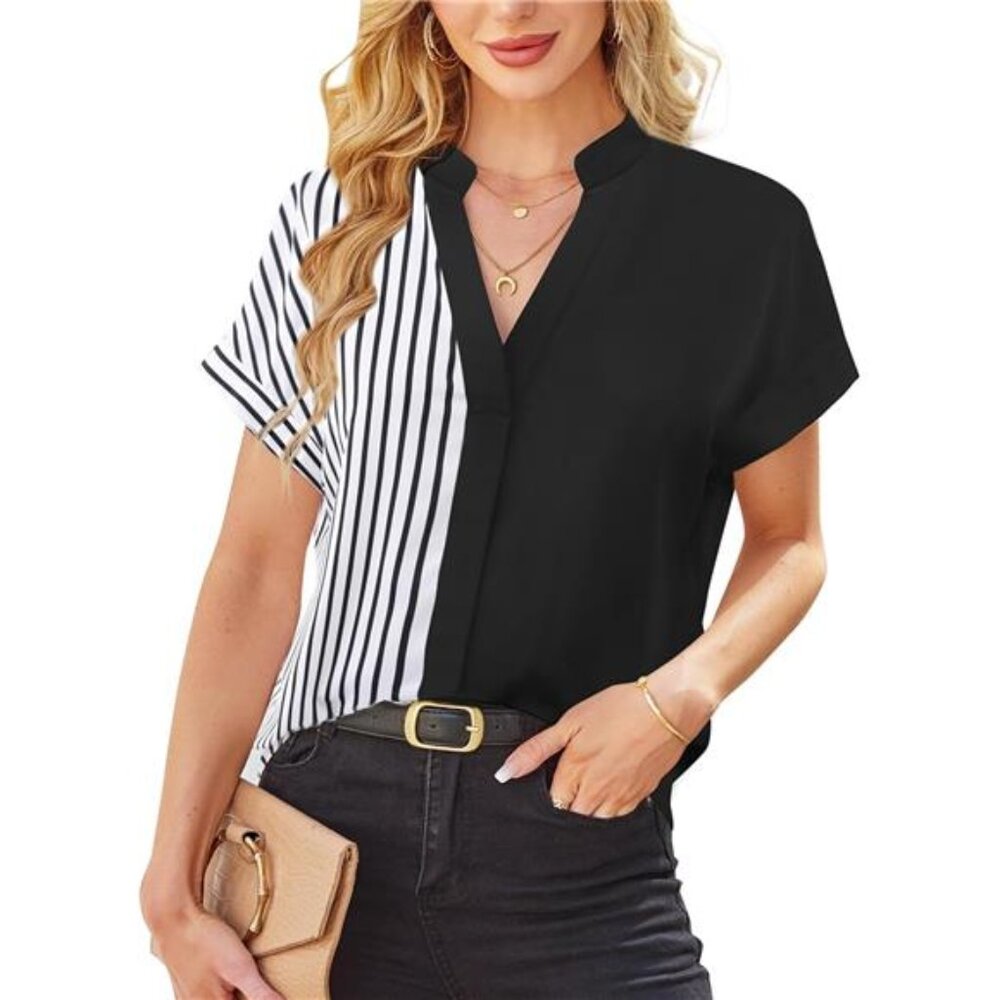 Women's Color Block V Neck Blouse | Shirt | Short Sleeve | Top | Pinstripe/Black